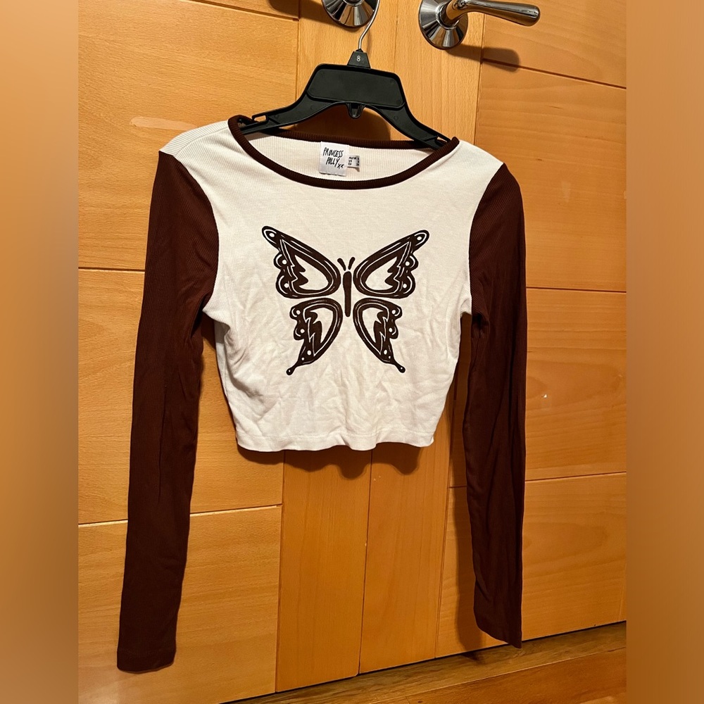 Princess Polly Brown/White Butterfly Long Sleeve Size:2